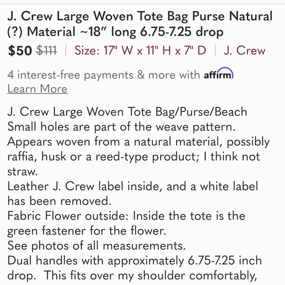 J. Crew Large Woven Basket Tote Bag Purse Approx. 6”D x18”L ~6.75-7.25” drop - Picture 3 of 15